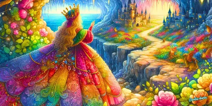 Princesa de espaldas, con un vestido multicolor, contempla desde una cueva iluminada un castillo subterráneo rodeado de flores y cristales.