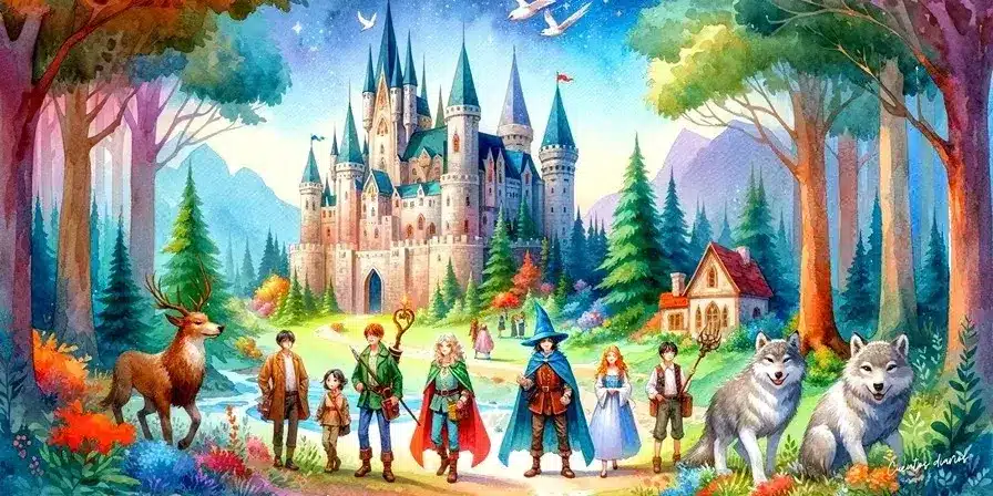 Cuento: El reino de las 7 llaves 2 Dibujo de un príncipe bien acompañado en el campo y con un enorme castillo al fondo para el cuento "El reino de las siete llaves"