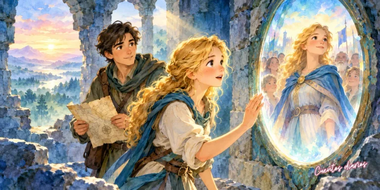 La princesa Lia descubre el Espejo de Shaila junto a Joran en una torre en ruinas del cuento La princesa que no quería serlo.