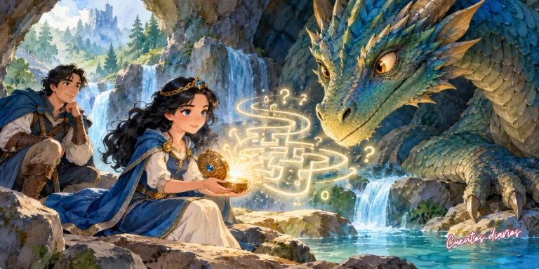 La princesa Ariadna resuelve un laberinto de acertijos frente a un dragón, acompañada por Lysander, en un cuento infantil de inteligencia y valentía.