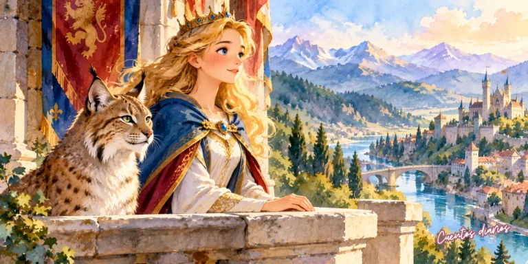 La princesa Elara junto a su lince Silas contempla el reino de Arendalia desde el castillo antes de convertirse en reina.