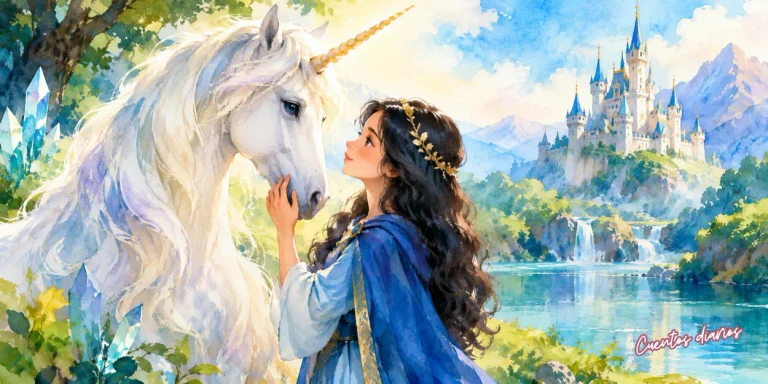 La princesa Ariadna acaricia al unicornio Líriel frente al castillo de Elandor en el cuento La princesa y el unicornio.