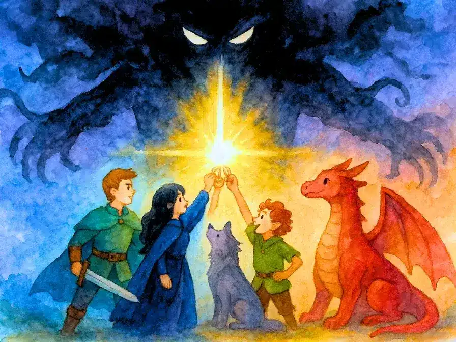 Cuento: El reino de las 7 llaves 2 Cinco personajes mágicos con medallones brillantes se enfrentan a una sombra oscura en un paisaje fantástico, ilustración en acuarela.