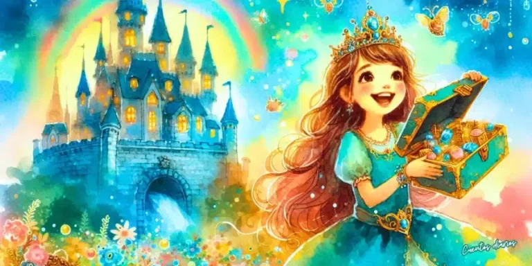 Dibujo en acuarela de princesa sonriente con un cofre mágico frente a un castillo encantado – Cuento infantil con mensaje sobre la princesa y sus tesoros.