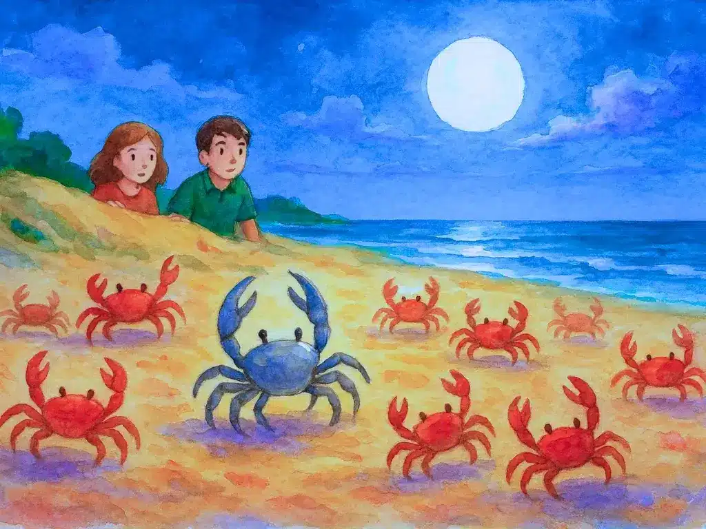 Niños escondidos tras una duna observan cangrejos bailando sobre la arena iluminada por la luna llena junto al mar.