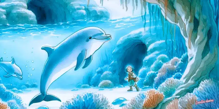 Niño frente a un delfín en un paisaje submarino con corales y cuevas, ilustrado en estilo acuarela.