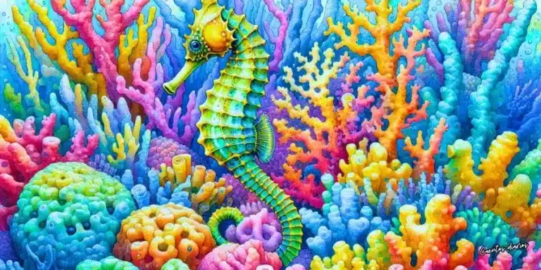 Dibujo en acuarelas de un caballito de mar verde con relieve brillante nadando entre corales multicolores en un fondo oceánico de estilo acuarela.