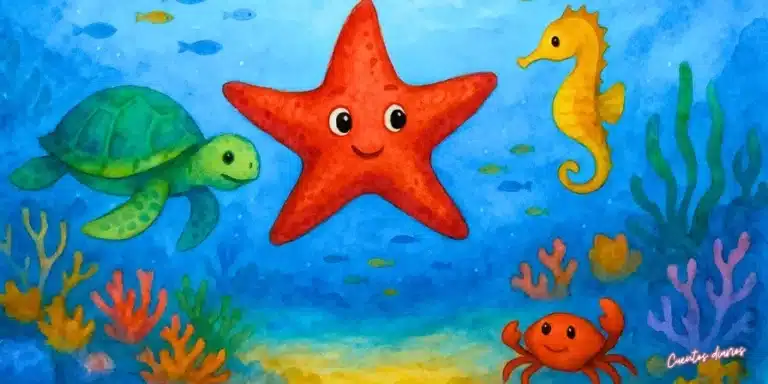 Cuento de una estrella de mar prodigiosa: El viaje de Stella 2 Dibujo en acuarelas de una estrella de mar roja junto a una tortuga, un caballito de mar y un cangrejo en un fondo marino con corales y peces.