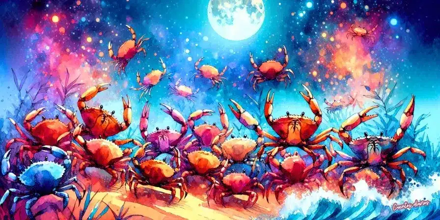 Cuento sobre el mar y los cangrejos: "La danza del cangrejo en la Playa de Luna" 2 Grupo de cangrejos de colores brillantes bailando en la playa bajo una luna llena, con un cielo estrellado y olas suaves.