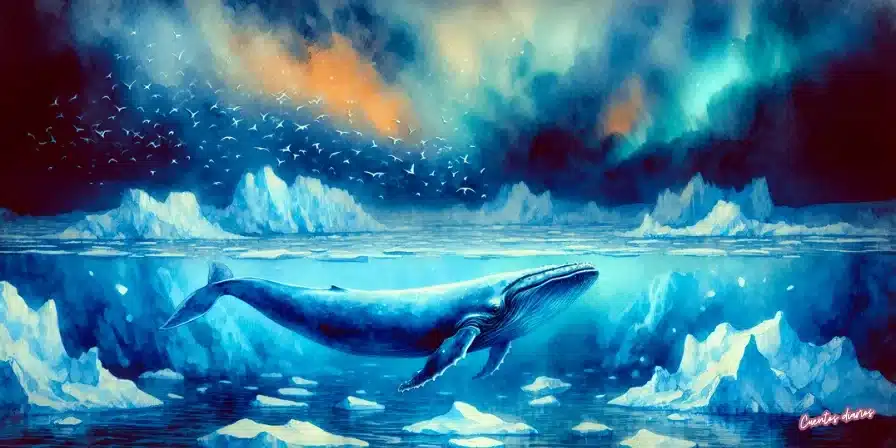 Ballena azul nadando entre icebergs bajo aguas árticas, con auroras y aves en el cielo. Ilustración en acuarela.