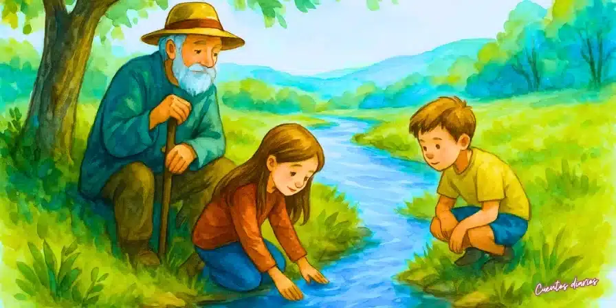 Dibujo en acuarela de un anciano y dos niños junto a un río, inspirado en el cuento infantil “El río que olvidó cantar”, sobre la importancia de cuidar la naturaleza.