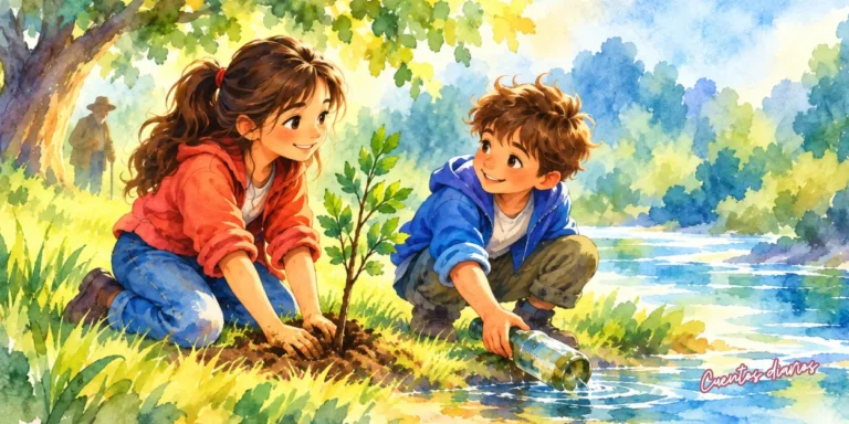 Dibujo en acuarela de un anciano y dos niños junto a un río, inspirado en el cuento infantil “El río que olvidó cantar”, sobre la importancia de cuidar la naturaleza.