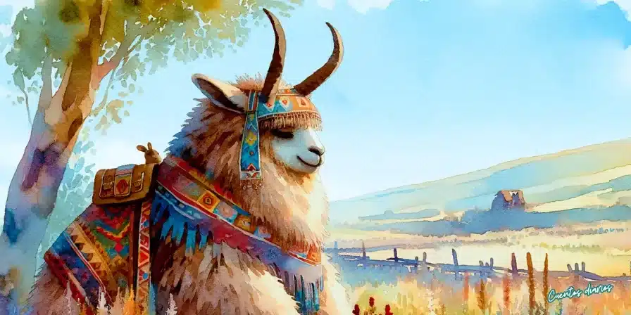 Llama andina con vestimenta tradicional colorida sentada bajo un árbol en un paisaje de pradera,