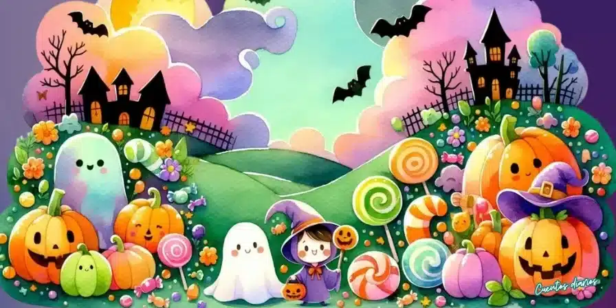 Dibujo en acuarela de Halloween con colinas verdes, calabazas sonrientes, fantasmas adorables, caramelos gigantes y castillos oscuros.