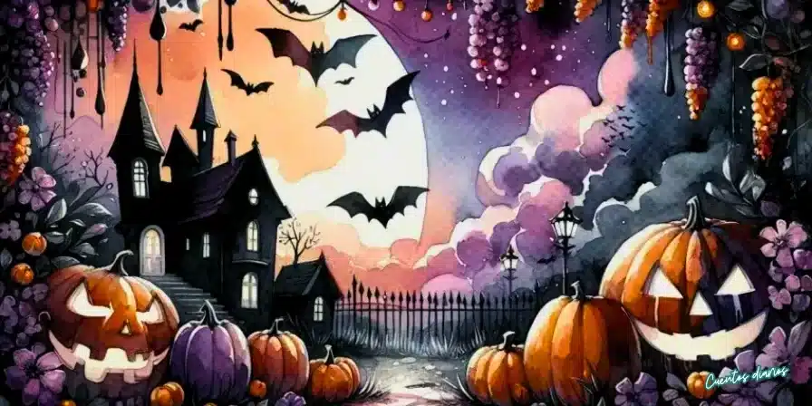Escena de Halloween con calabazas talladas, murciélagos volando frente a la luna llena y una casa encantada al fondo.