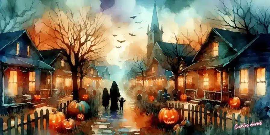 Calle iluminada con calabazas y faroles en Halloween, con figuras caminando entre casas decoradas al atardecer.