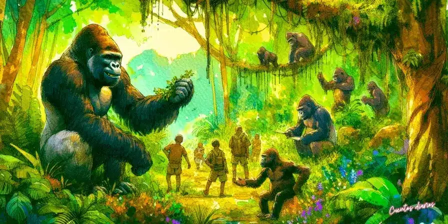 Dibujo en acuarela de gorilas en la selva interactuando con humanos y aves, inspirada en el cuento "Voces en la Canopea"