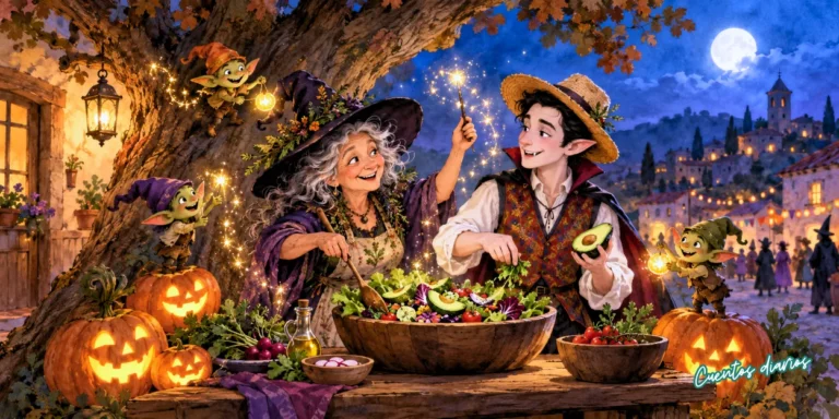 Doña Lucía, la bruja, prepara una ensalada mágica junto a Álvaro, el vampiro vegetariano, durante Halloween.