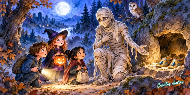 Tres niños encuentran una momia amistosa junto a una cueva durante una noche de Halloween iluminada por la luna y las calabazas.