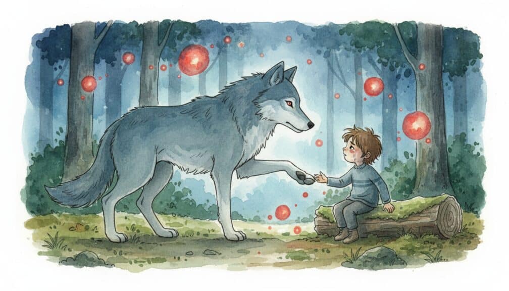 Cuento: "Ecos del aullido antiguo: El lobo que conectó dos mundos" 2 Niño humano estrechando la pata de un lobo en un bosque iluminado por esferas mágicas.