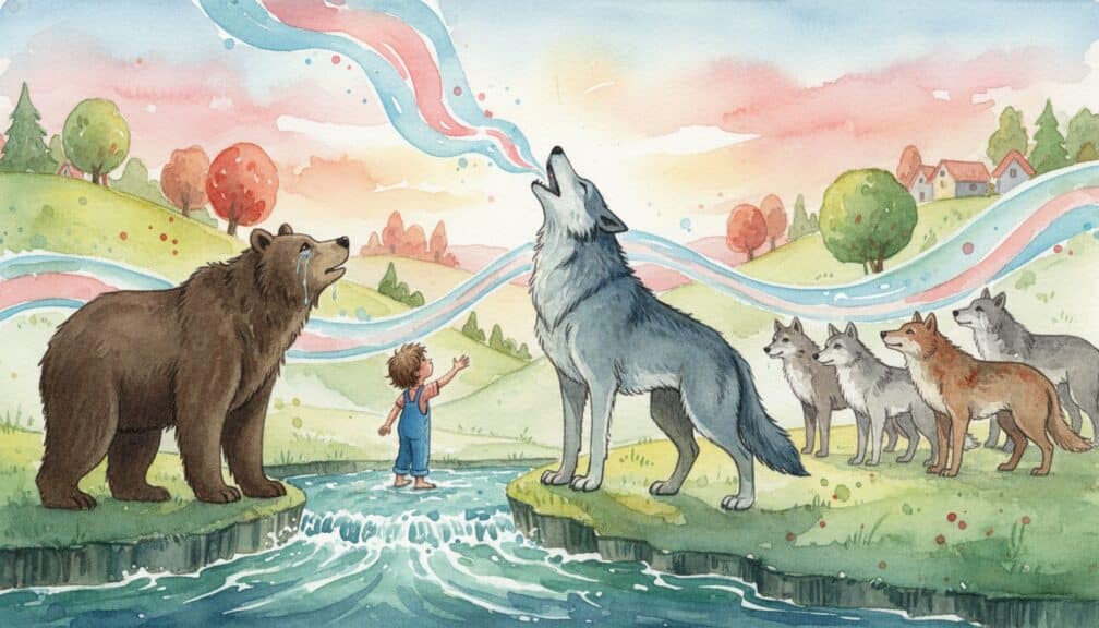 Cuento: "Ecos del aullido antiguo: El lobo que conectó dos mundos" 3 Lobo y oso se encuentran junto a un niño en un valle con luces mágicas entre especies.