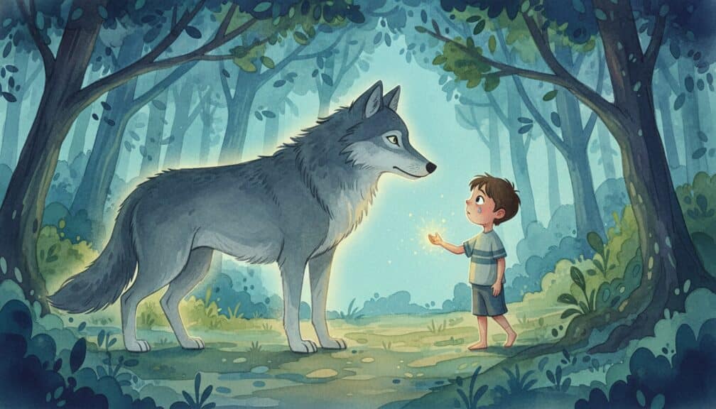 Cuento: "Ecos del aullido antiguo: El lobo que conectó dos mundos" 4 Niño y lobo se observan en un claro iluminado del bosque con un brillo mágico.