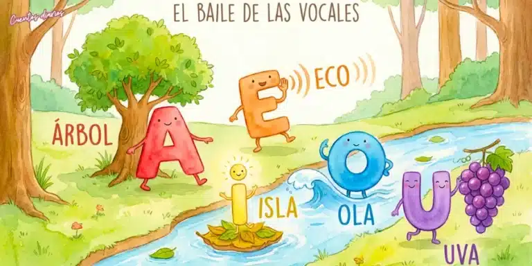 Ilustración infantil de las vocales A, E, I, O y U bailando en un claro del bosque junto a un árbol, un río, una ola e imágenes de isla, eco y uva.