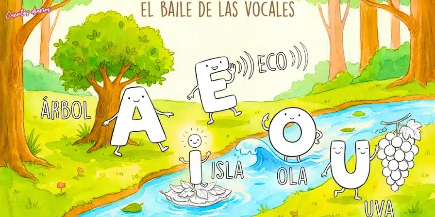 Dibujo para colorear de las vocales A, E, I, O y U en un claro del bosque con árbol, isla, ola y uvas.