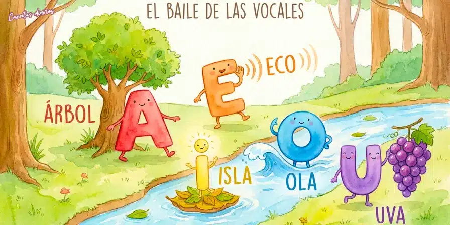 Ilustración infantil de las vocales A, E, I, O y U bailando en un claro del bosque junto a un árbol, un río, una ola e imágenes de isla, eco y uva.