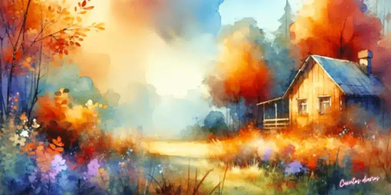 Cabaña de madera rodeada de árboles otoñales y flores silvestres en un bosque encantado.