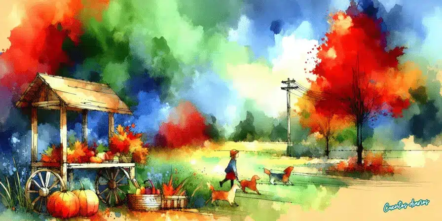 Dibujo en acuarela de un paisaje otoñal con un puesto de calabazas, árboles de hojas rojas y doradas, y un niño paseando junto a tres conejos bajo la luz del atardecer.