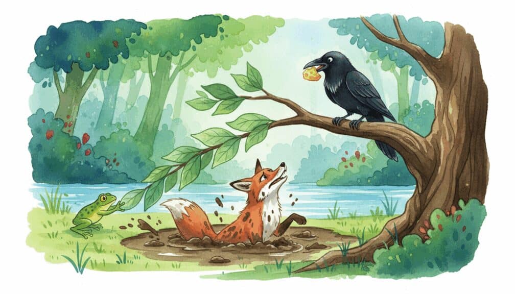 "Zorro atrapado en el barro mirando a un cuervo con un queso sobre una rama en un bosque.