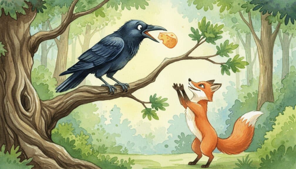 Cuervo negro con un queso en el pico mientras un zorro intenta alcanzarlo desde el suelo.