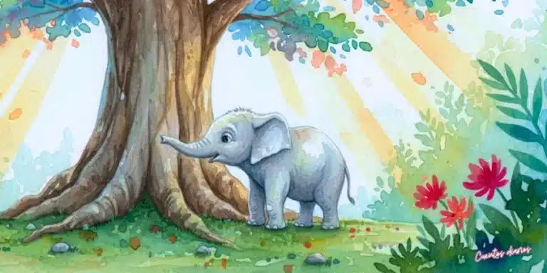 Elefante joven junto a un árbol gigante mientras los rayos del sol iluminan la selva.