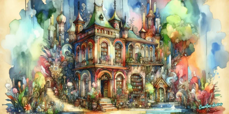 Mansión antigua de fantasía con biblioteca secreta rodeada de jardines coloridos y arquitectura misteriosa en acuarela.