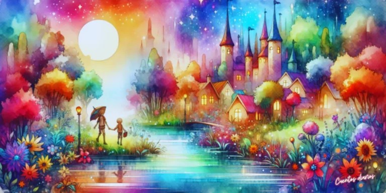 Dibujo en acuarela de dos adolescentes caminando juntos hacia un pueblo iluminado bajo la luna, simbolizando el inicio del primer amor.