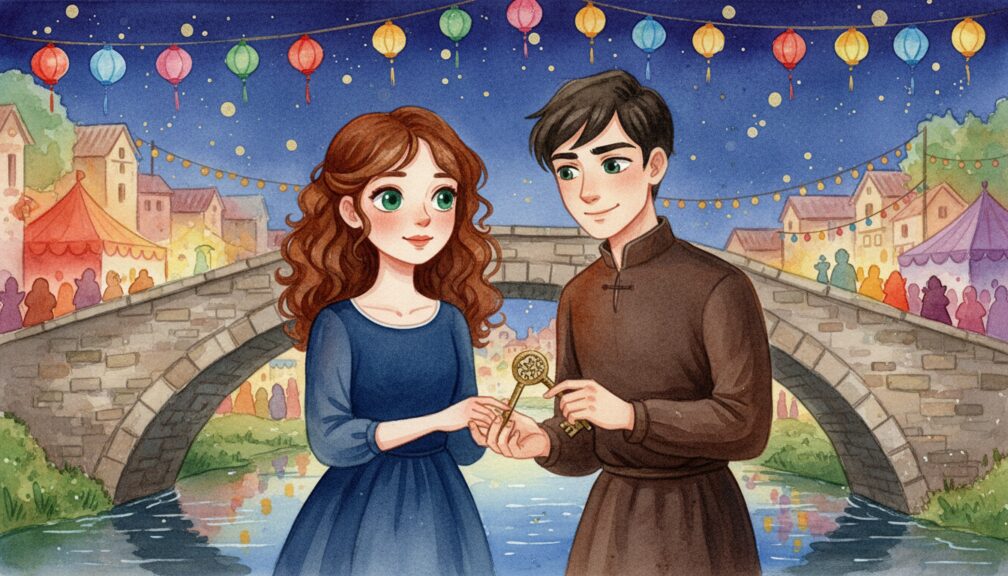 Dibujo en acuarela de una pareja adolescente en un puente durante un festival nocturno mientras observan una llave misteriosa.