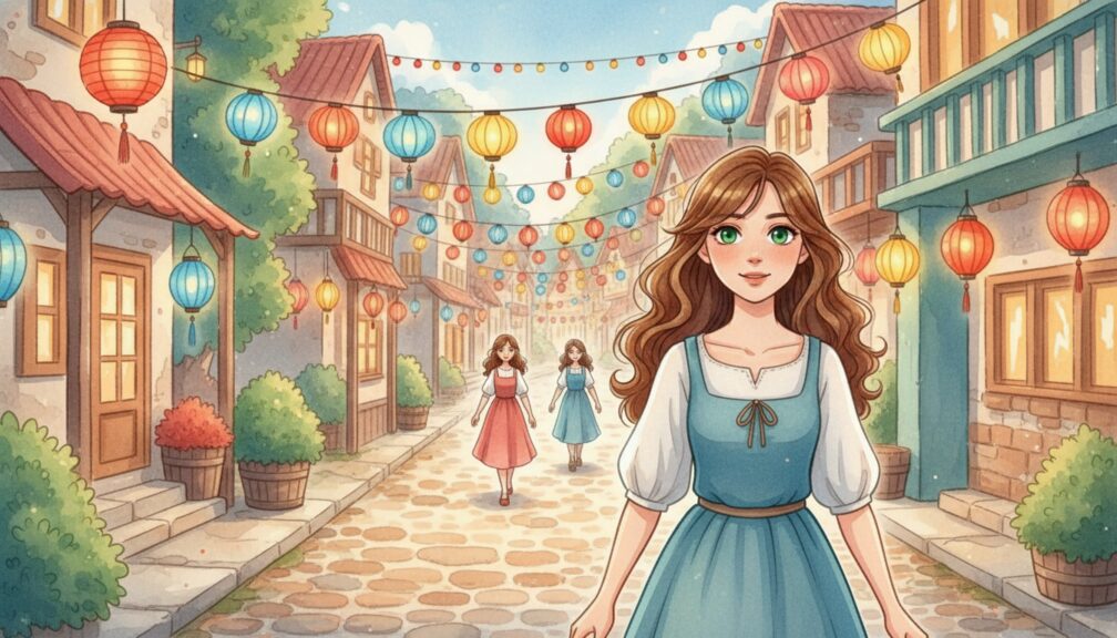 Adolescente caminando por un pueblo decorado con faroles de colores durante un festival nocturno.