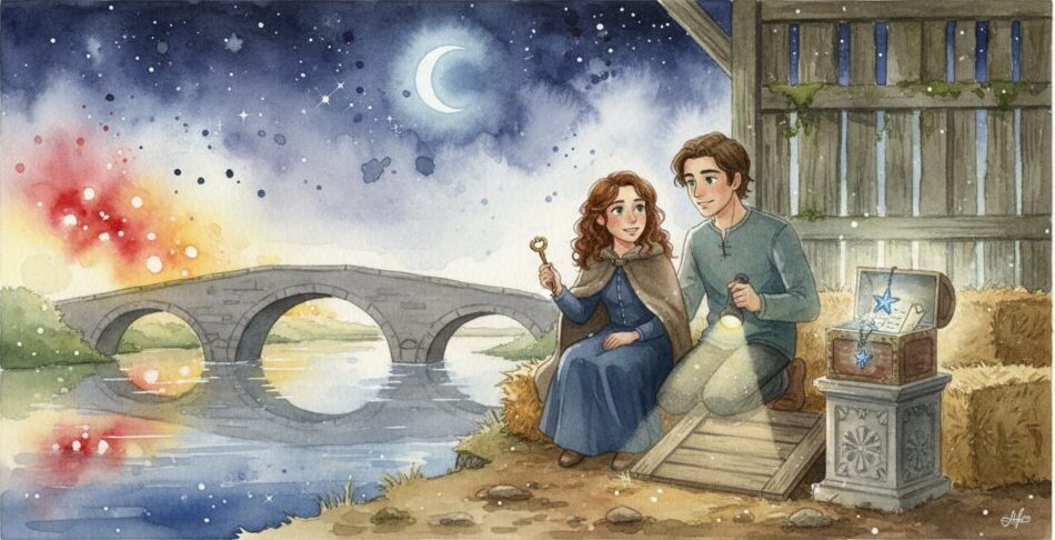 Dibujo en acuarela de dos adolescentes sentados junto a un río de noche con un cofre abierto y una llave.