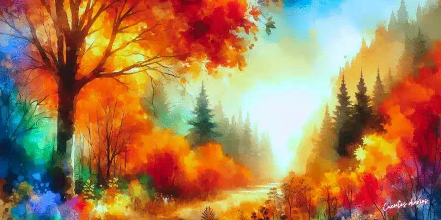 Cuento: "El festival de otoño y la leyenda de la luna de cosecha" 1 Bosque otoñal iluminado por una intensa luz entre árboles dorados y coníferas.