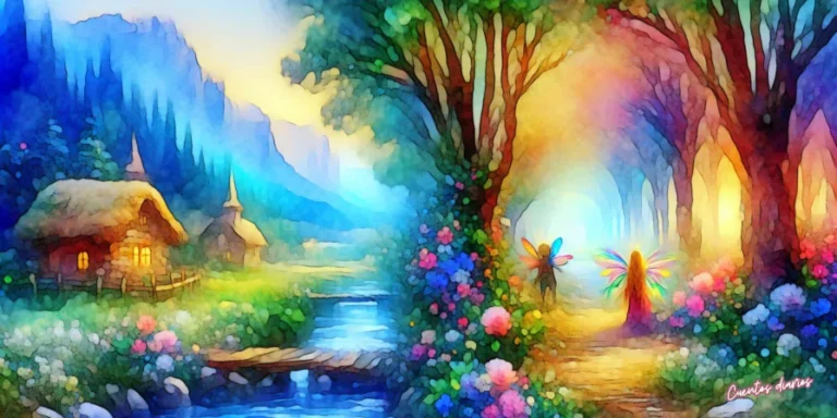 Ilustración de acuarela con hadas en un bosque mágico y casas rurales junto a un río en un valle de primavera eterna.