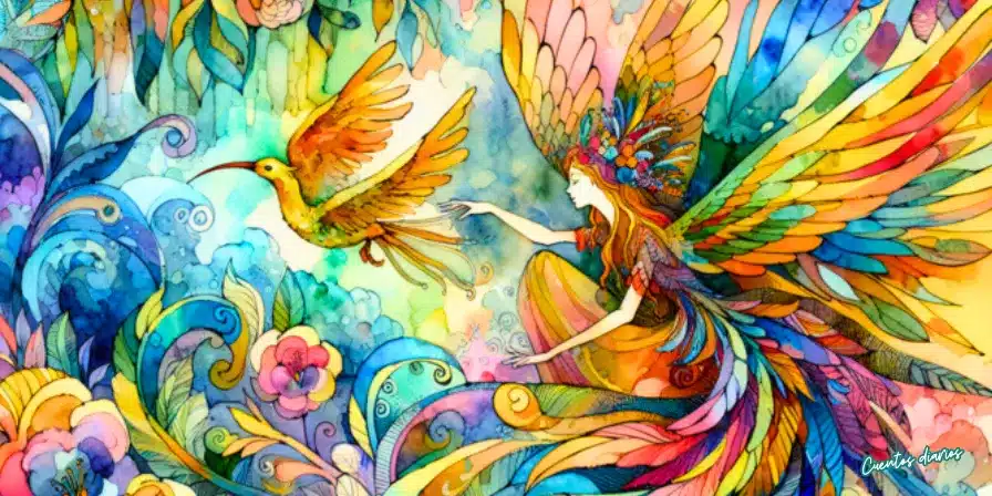 Hada de alas multicolores en un jardín mágico intentando tocar a un colibrí dorado.