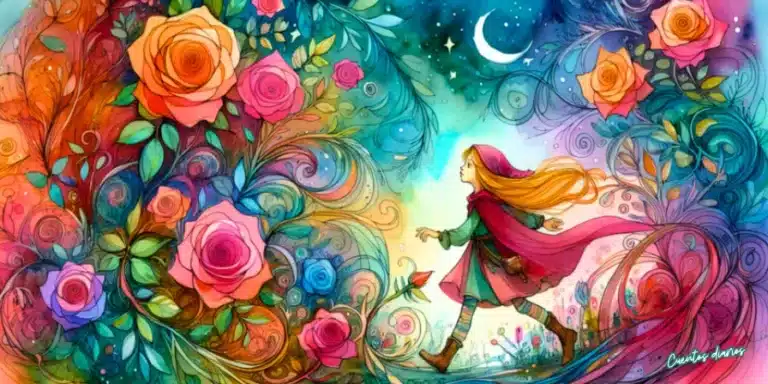 Dibujo de una niña con capa roja caminando entre flores mágicas bajo un cielo estrellado con luna creciente.