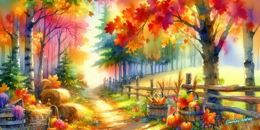 Ilustración en acuarela de un bosque en otoño con árboles dorados, calabazas y luz cálida al amanecer, inspirada en el cuento infantil El misterio del espantapájaros que cobraba vida.