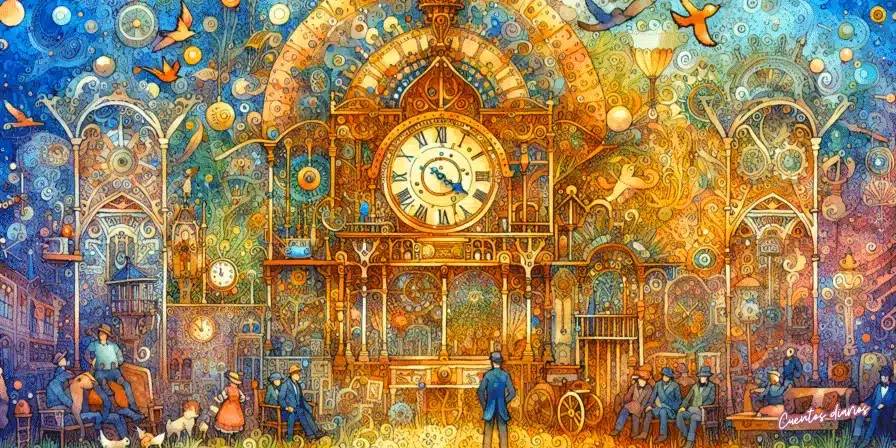 Cuento: "El misterio del reloj antiguo y el hombre que controlaba el tiempo" 1 Plaza llena de engranajes y un reloj monumental que simboliza el control del tiempo: El misterio del reloj antiguo.