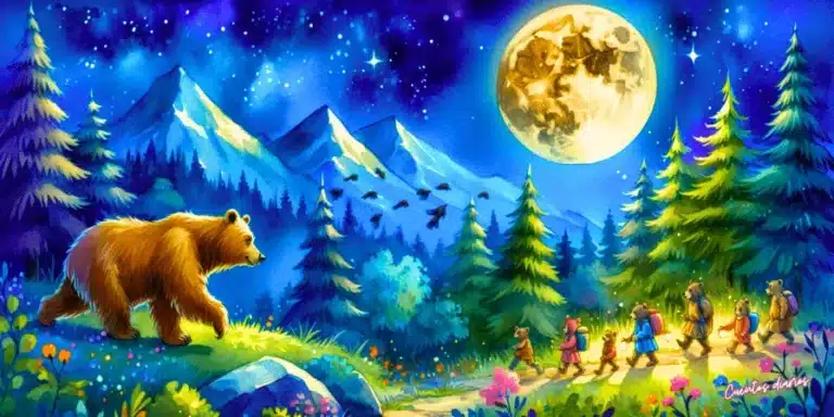 Oso pardo mirando a una fila de osos pequeños caminando bajo la luna llena en una montaña nocturna.