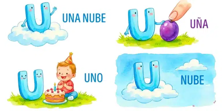 Dibujo infantil en acuarelas de la letra U en una nube, una uva morada, una uña y un niño pequeño, para aprender la vocal U.