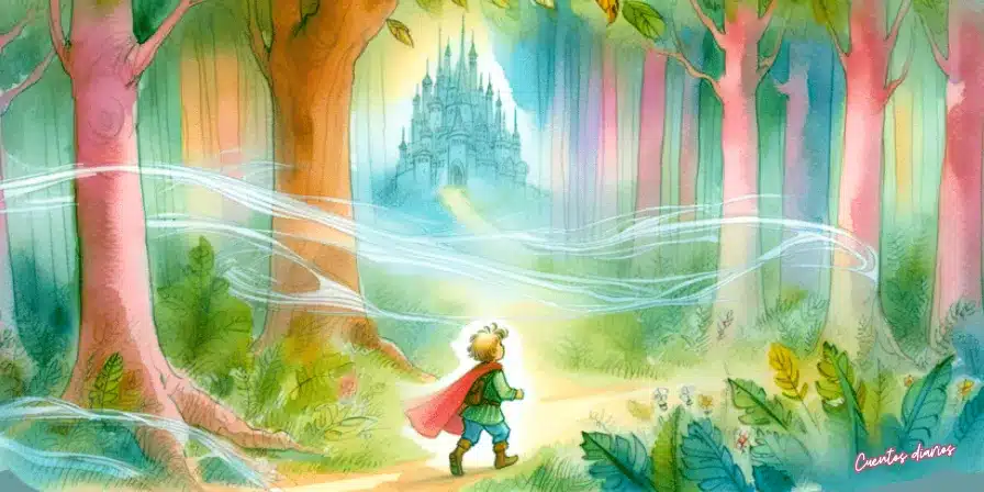 Niño con capa roja camina por un bosque encantado hacia un castillo mágico entre la niebla, iluminado por una luz celestial.