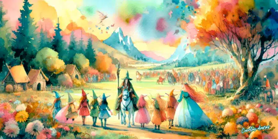 Cuento: "El reino de los elfos y la batalla contra la bruja del viento oscuro" 1 Elfos y niños con gorros de colores reciben a un caballero en un valle mágico rodeado de montañas y casas de madera.