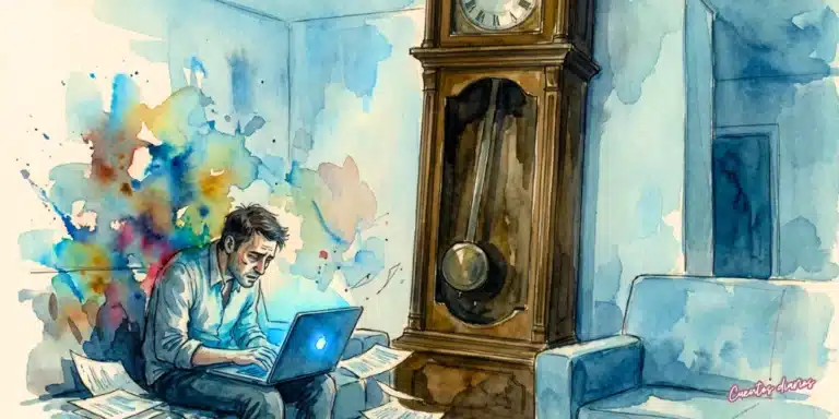 Dibujo en acuarelas de un hombre estresado trabajando en su portátil frente a un reloj de pie antiguo.